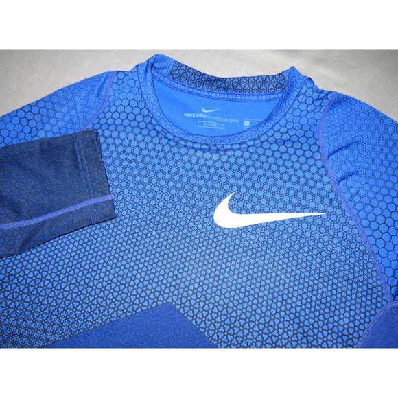 Nike PRO HYPERWARM Fitted Blue Geometric Stretch Athletic Shirt Men's Large - Picture 1 of 7